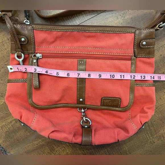 Fossil Red Canvas with Leather Accents Crossbody Purse Handbag Adjustable Strap - Picture 8 of 15